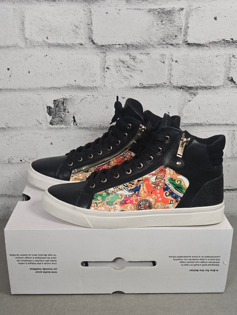 ALDO Black High Top Sneakers Baroque Print Side Zip Men's Size 10
